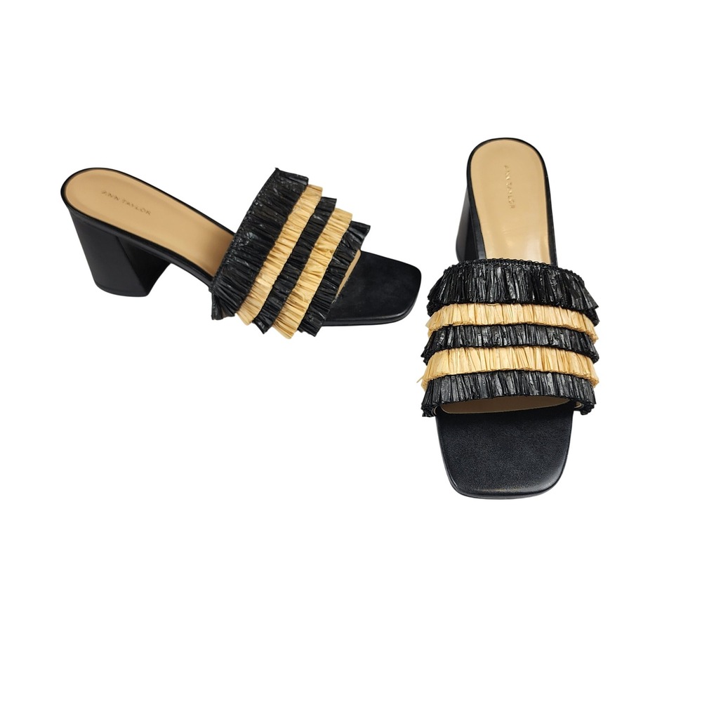 Ann Taylor Raffia Fringe Block Heel Slide Sandals Womens 11 Black Tan Mules Boho